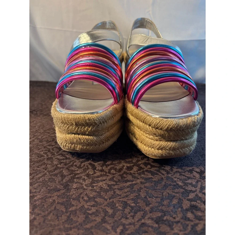 Kenneth Cole New‎ York Metallic Multi-Color Espadrille Wedge Sandals Silver 8.5M